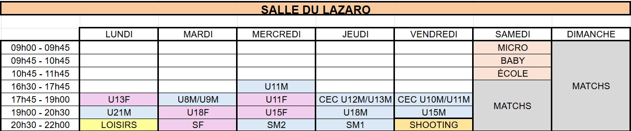 Planning entraînements 2026-2027